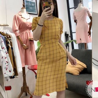 Đầm Caro Tay Phồng Giáng Ôm
