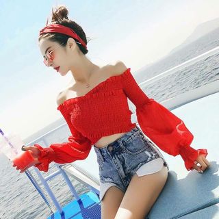 Áo Trể Vai Nhún Thân Tay Dài