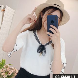 ÁO SƠ MI KIỂU PHỐI REN NƠ CỔ
