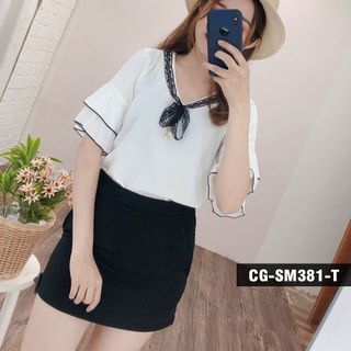 ÁO SƠ MI KIỂU PHỐI REN NƠ CỔ