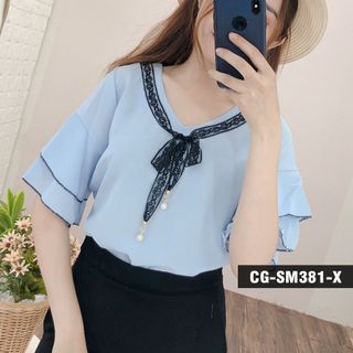 ÁO SƠ MI KIỂU PHỐI REN NƠ CỔ