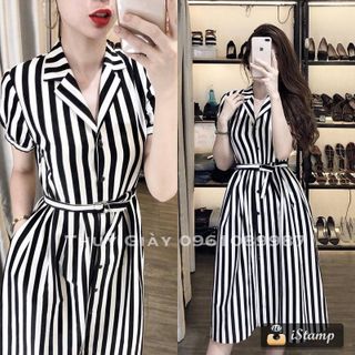 ĐẦM SUÔNG SỌC SƠ MI CỘT EO PHỐI TÚI