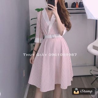 ĐẦM XÒE SỌC CỔ VEST KÈM BELT