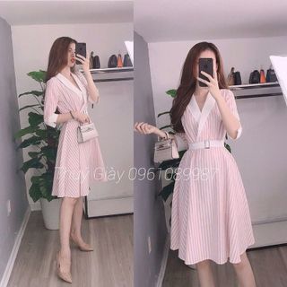 ĐẦM XÒE SỌC CỔ VEST KÈM BELT