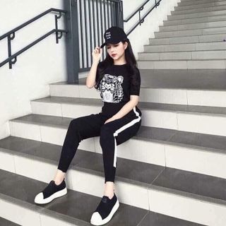Set bộ đồ nữ viền chữ chất nỉ da cá mịn cực xinh