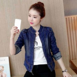 Áo khoác jean cổ trụ túi kéo