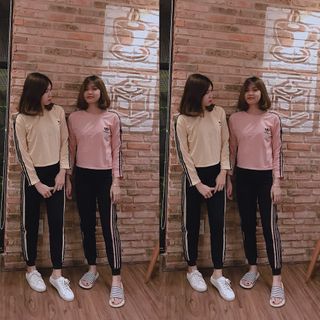 SET BỘ THỂ THAO ÁO HỒNG KEM QUẦN SỌC