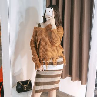 SET LEN ĐẦM BODY SỌC ÁO LEN NÂU