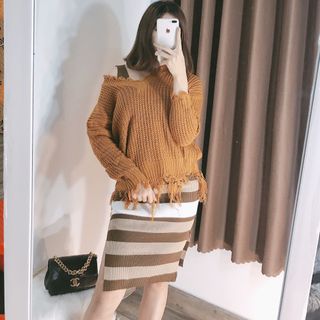 SET LEN ĐẦM BODY SỌC ÁO LEN NÂU