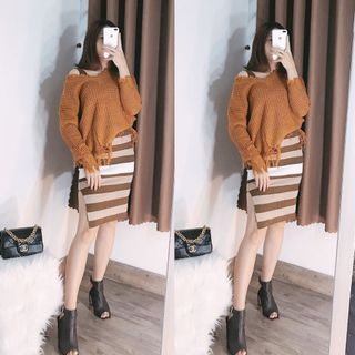 SET LEN ĐẦM BODY SỌC ÁO LEN NÂU