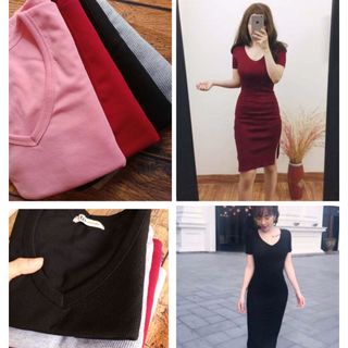 Đầm Body Cổ Tim Len Tăm Thun Gân co giãn tốt