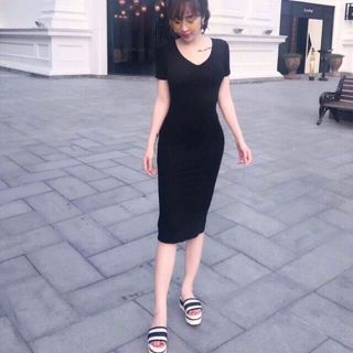 Đầm Body Cổ Tim Len Tăm Thun Gân co giãn tốt