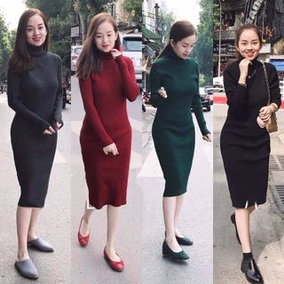 Đầm Body Cổ Lọ Len Tăm Thun Gân Siêu Co Giãn