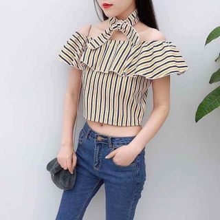 Áo trễ vai sọc bèo dây cột cổ