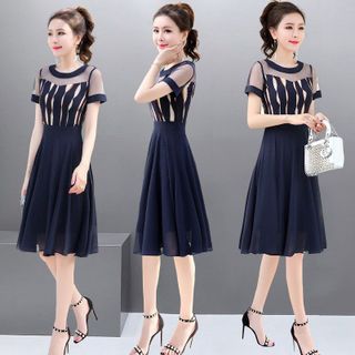 Đầm xòe vintage chiffon phối ren lưới Xanh Đen