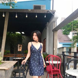 Đầm Jean cotton hoạ tiết phối nơ