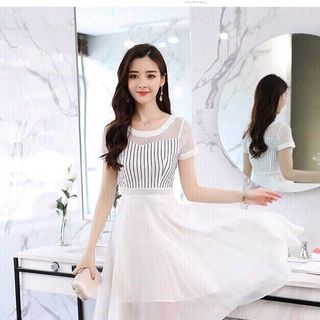 ĐẦM VINTAGE SỌC PHỐI LƯỚI TÙNG XOÈ