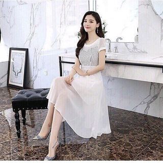 ĐẦM VINTAGE SỌC PHỐI LƯỚI TÙNG XOÈ