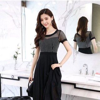 ĐẦM VINTAGE SỌC PHỐI LƯỚI TÙNG XOÈ