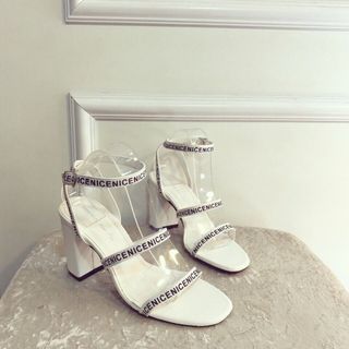 giày xanh đan gót vuông quai lụa