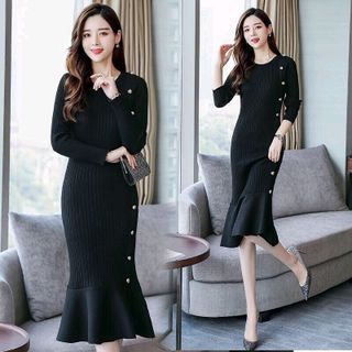 ĐẦM LEN ĐUÔI CÁ PHỐI NÚT