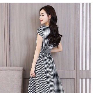 ĐẦM XOÈ CARO CÁNH DƠI BO THUN