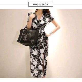 ĐẦM THUN BODY HOA CỔ ĐẮP CHÉO THẮT DÂY EO