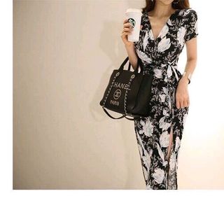 ĐẦM THUN BODY HOA CỔ ĐẮP CHÉO THẮT DÂY EO