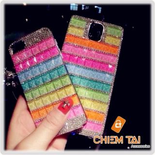 Ốp nhựa màu đính đá sọc cầu vồng viền kim cương iPhone 5 / iPhone 5S giá sỉ