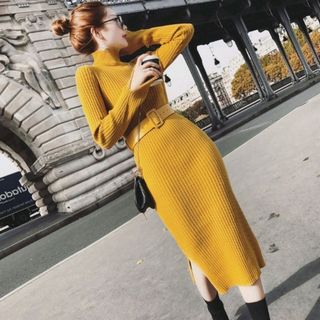 ĐẦM LEN BODY CỔ LỌ PHỐI XẺ TÀ KÈM BELT