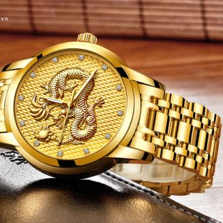 Đồng Hồ Nam ROMA LIGE - Rồng VÀNG 3D Nghệ thuật – Dây thép đúc đặt