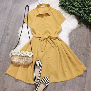 đầm sơ mi cột eo phối nút