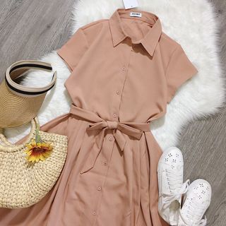 đầm sơ mi cột eo phối nút