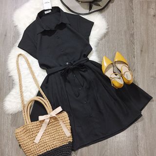 đầm sơ mi cột eo phối nút