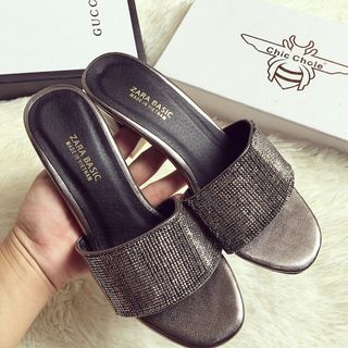 dép cao gót vuông kim tuyến