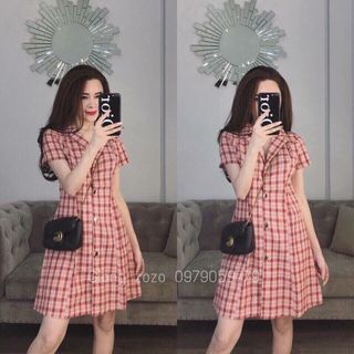 đầm caro cổ vest