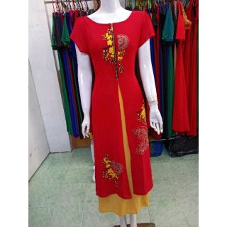 Đầm áo dài cách điệu họa tiết xuân hoa mai trống đồng
