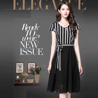 Đầm xòe voan sọc phối dây thắt lưng