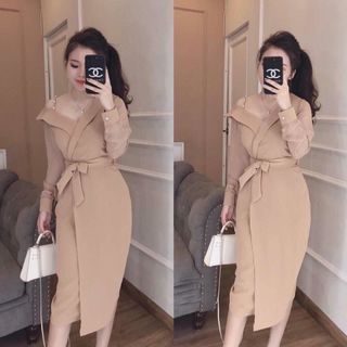 Đầm suông rớt vai phối tay eo cột nơ siêu hot