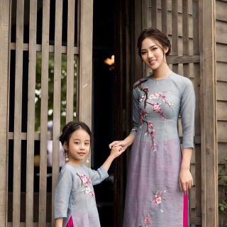 Sét bộ áo dài Mẹ và Bé thêu hoa đào Quần ống suông siêu iu