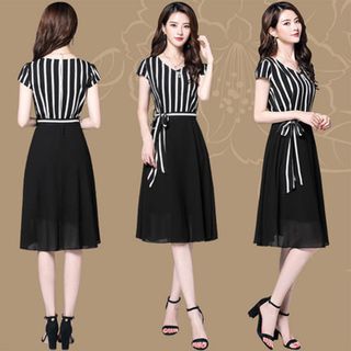 Đầm xòe voan phối sọc