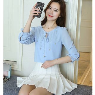 Áo Sơ Mi Kiểu Tay Nhúng Phối Nơ Xanh Da Trời