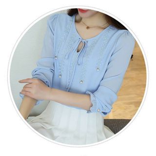 Áo Sơ Mi Kiểu Tay Nhúng Phối Nơ Xanh Da Trời
