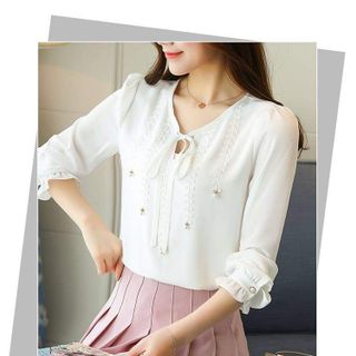 Áo Sơ Mi Kiểu Tay Nhúng Phối Nơ Trắng Duyên Dáng