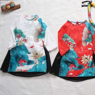 ÁO DÀI GẤM NHẬT HỌA TIẾT HOA SEN NUNAKIDS