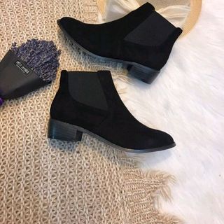 Giày boot da bò lộn phối thun gót 3p