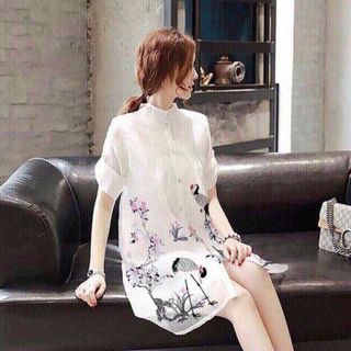 ĐẦM SƠ MI IN HẠC - DT1225 - xưởng may đầm suông