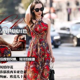 ĐẦM MAXI YẾM HỌA TIẾT NỀN ĐỎ