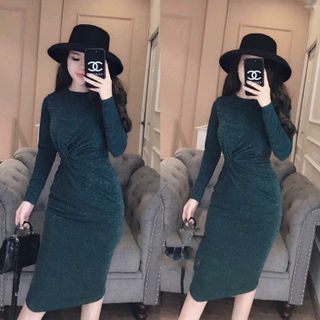 Đầm body kim tuyến cổ tròn nhúng eo tay dài