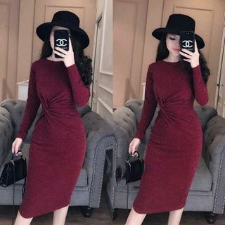 Đầm body kim tuyến cổ tròn nhúng eo tay dài